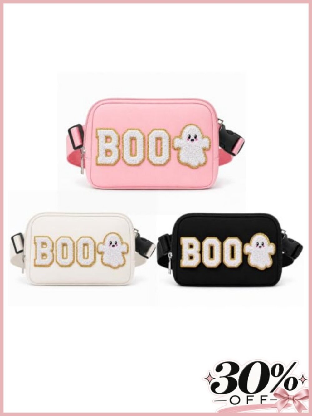 3 Pack Halloween Crossbody Fanny Pack with Chenille BOO Patch Strap